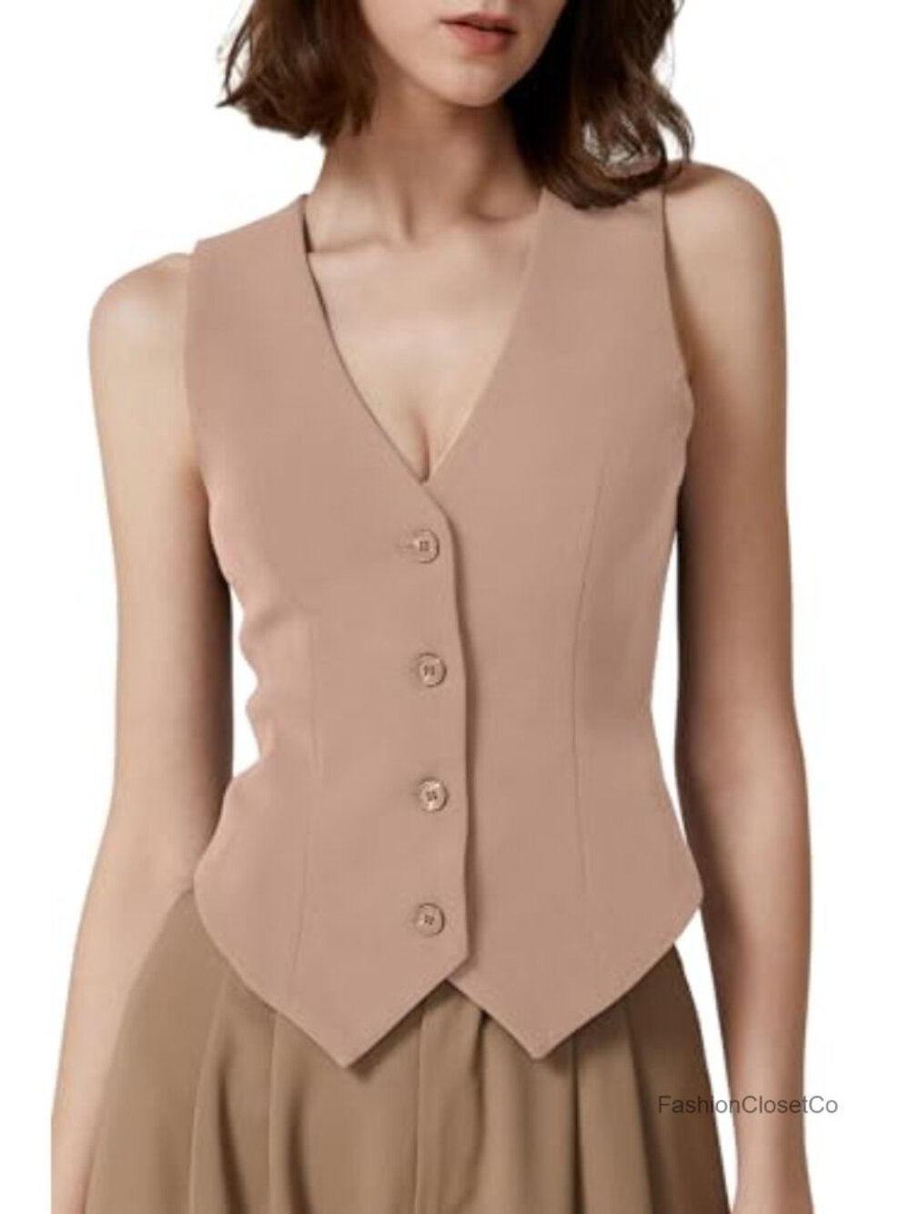 V Neck Sleeveless Button Down Fully Lined Solid Crop Vest Top